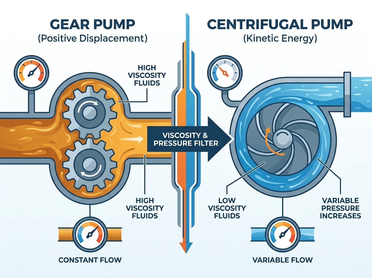 Mecanismo de bomba de engranajes industrial comparado con la tecnolog&iacute;a centr&iacute;fuga